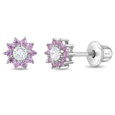 Pink Clear CZ Flower Kids / Girls Earrings Screw Back - Sterling Silver