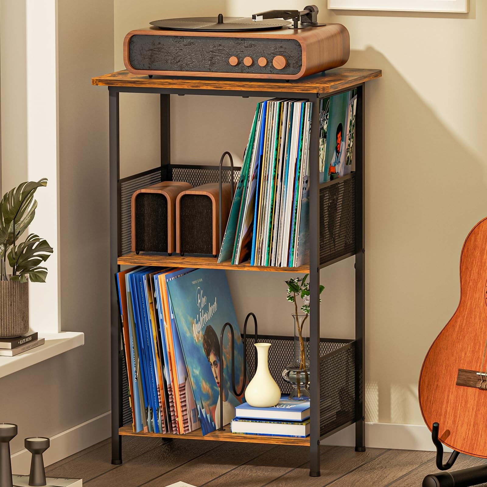Vinyl Record Player Stand with Wooden Storage Shelf Holds 200 Albums-image