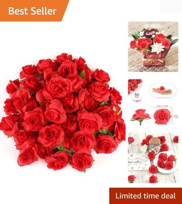 50pcs Red Roses Buds Artificial Flowers Bulk, 1.6'' Small Silk Fake Roses Flow...