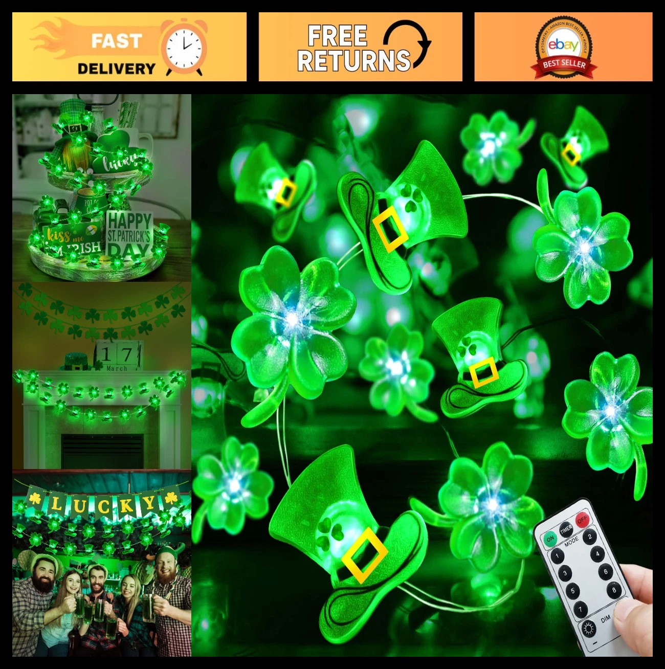 50 LED Shamrock Fairy Lights - Battery Operated St. Patrick's Day Decor, 8 Modes