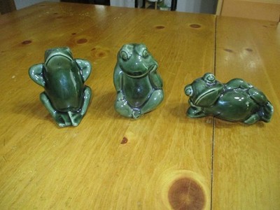VTG Frog Trio,Forest Green Glazed Frog Pottery Figurines,Made Brazil,Planter Dec