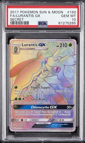 2017 POKEMON SUN & MOON SECRET #150 FULL ART/LURANTIS GX PSA 10
