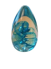 Handblown Vintage Paperweight "BSG '96" Blue Swirl Bubbles Signed Rare 2.5" Tall