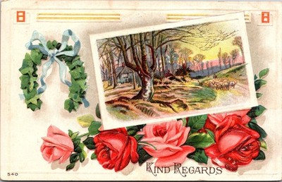 Vintage Embossed Postcard Kind Regards Roses Unposted Scenic Floral Greeting