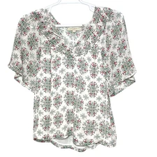 LOFT Women’s Blouse M Floral Chiffon Pleated Semi Sheer Short Sleeve V-Neck Top