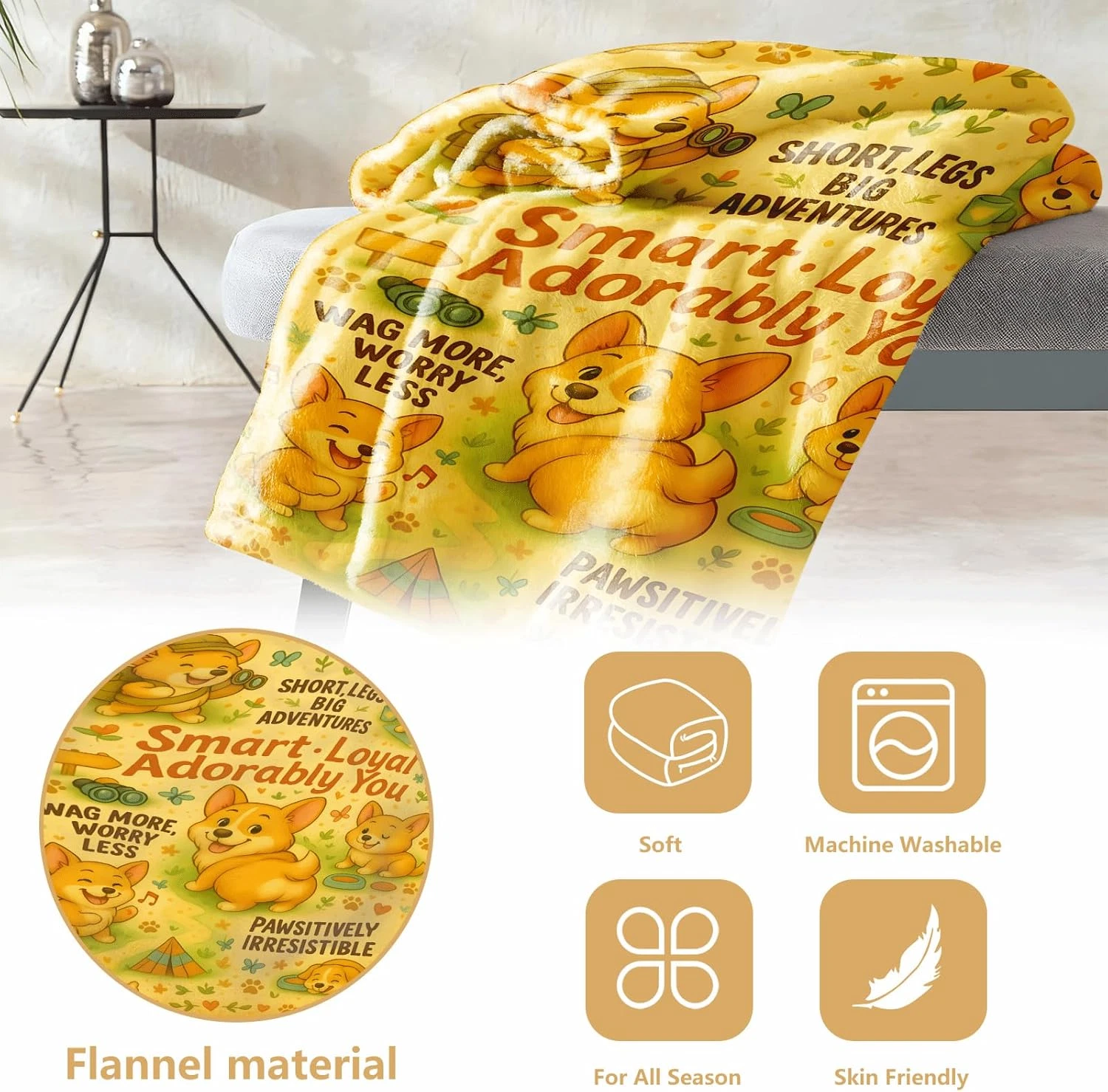 Corgi Blanket, Soft Flannel Fleece, Cartoon Camping Dog Print