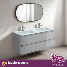 1200mm Wall Hung Vanity Unit Grey Gloss Bathroom Glass Basin Double Sink