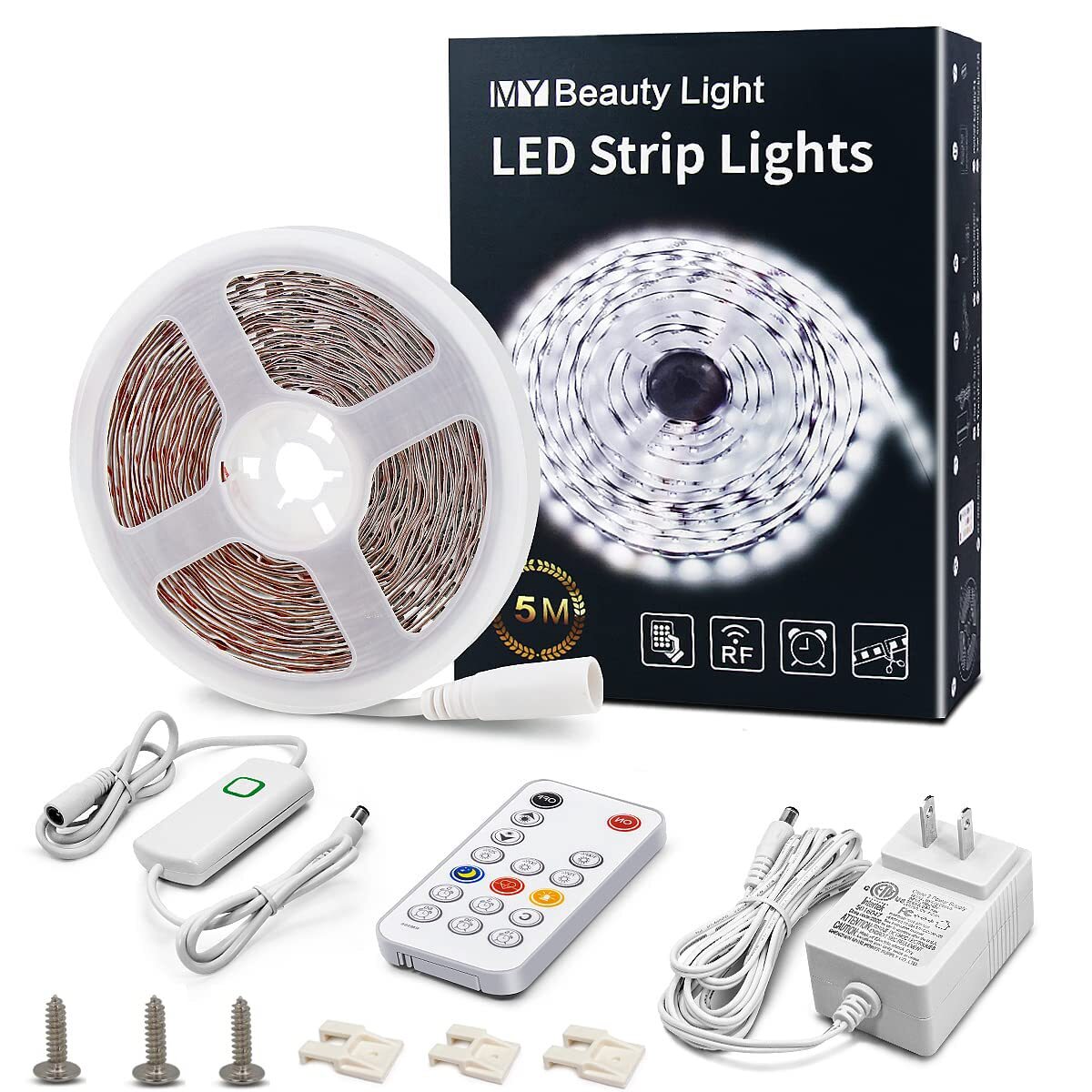 16.4ft Dimmable LED Strip Lights with RF Remote, 300 Bright LEDs, White Light-image