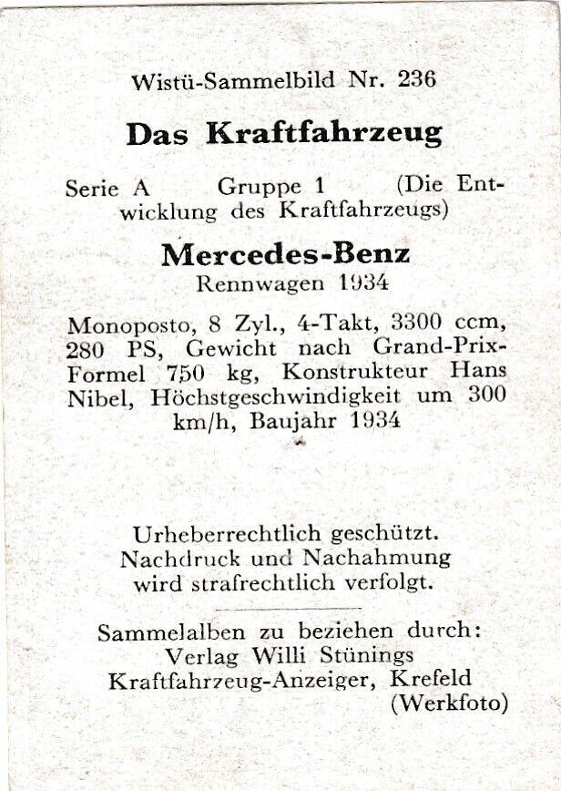 Wistü Sammelbild Nr. 236 - "Das Kraftfahrzeug" Mercedes Benz, Rennwagen 1934