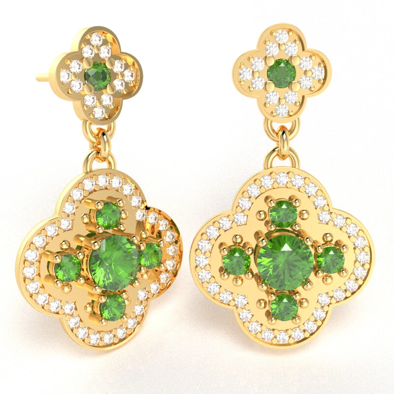 Shamrock Clover Flower Leaf Peridot Diamond Earrings In 14k Gold - Image 4 of 4