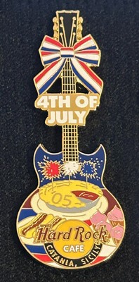 Hard Rock Cafe Catania Sicily 4th of July Guitar Pin - Hot Dogs, Fireworks