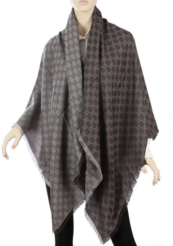 FOULARD NEUF GUCCI BEIGE MARRON IMPRIMÉ GG LAINE GÉANTE CHÂLE SOIE 55
