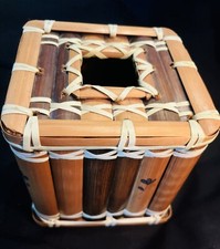 Bamboo Artisan Tissue Box Cover Natural Wood Design Painted Flowers