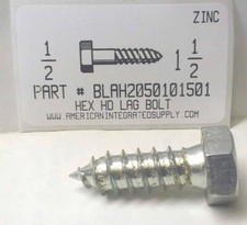 1/2x1-1/2 HEX HEAD LAG BOLTS STEEL ZINC PLATED 15 
