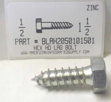 1/2x1-1/2 HEX HEAD LAG BOLTS STEEL ZINC PLATED (15)