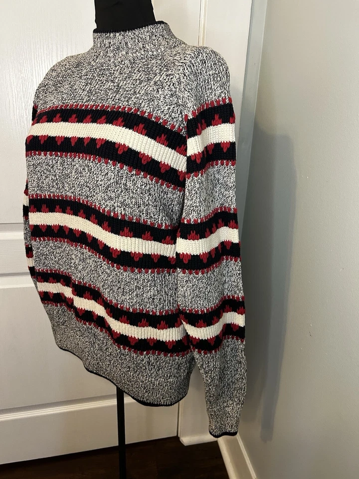 Claiborne Vintage Gray Red Stripe Mock Neck Cozy Cotton Boyfriend Sweater Mens M - Image 2 of 4