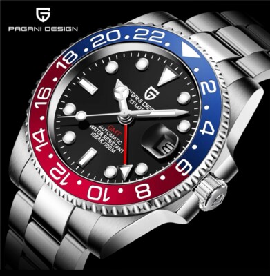 Pagani Automatik Uhr, GMT, 40 mm, Saphir, Datum, blue/red