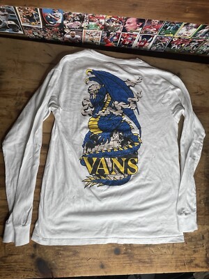 Vans Long Sleeve T Shirt Dragon Back Print White Blue Men's Size