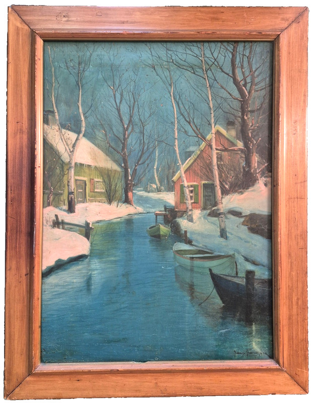 SVEND SVENDSEN (1864-1945), Norway / Illinois, Orig. Oil, "Evening Snow Scene"