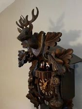 Authentic Black Forest German Cuckoo Clock – Hand-Carved Deer Hunter Theme