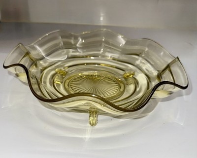 Vintage 1930s Topaz Yellow Ribbed Art Deco Footed Ruffled Console Bowl 10 