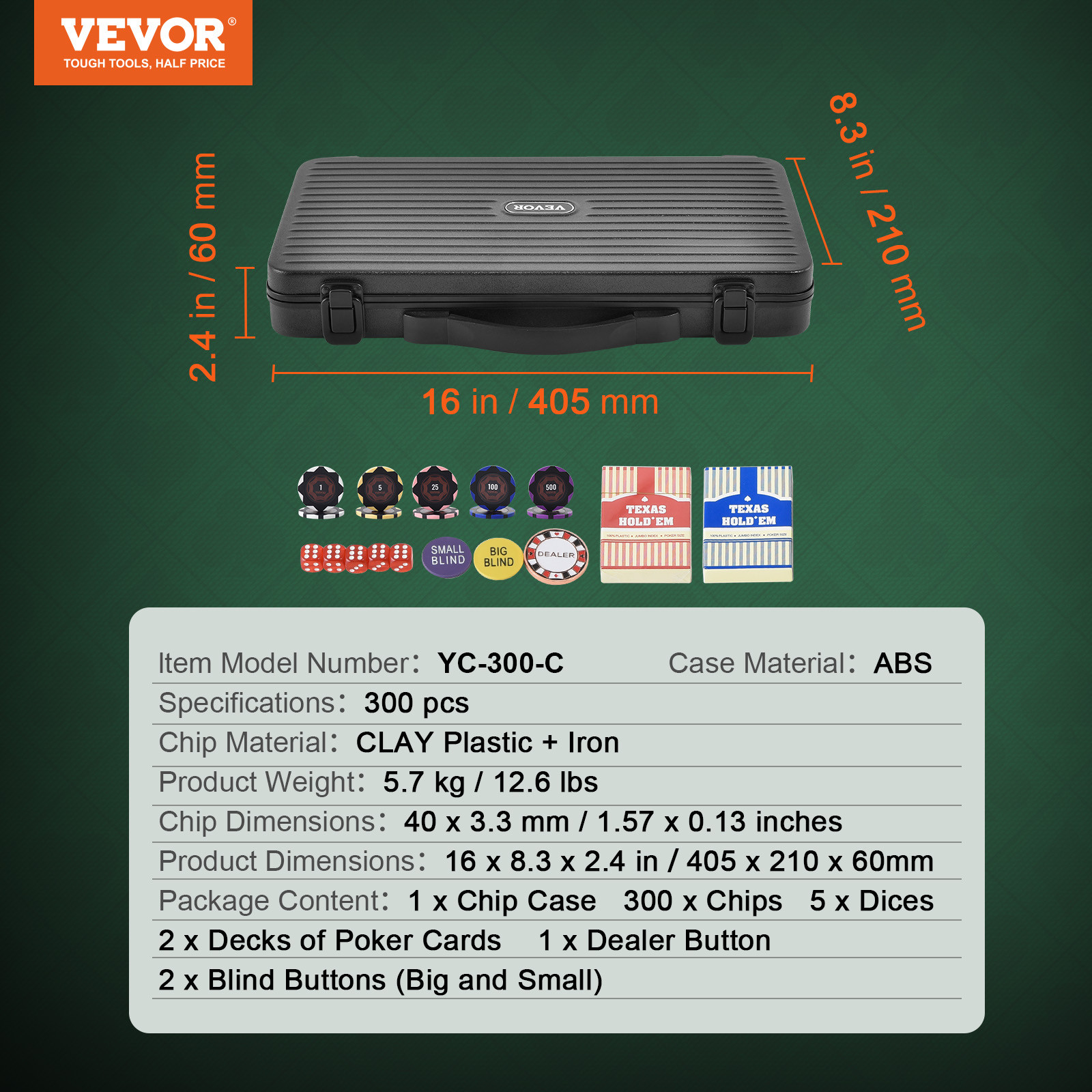 VEVOR 300-Piece Poker Chip Set with Case Texas Holdem Cards 14g Casino Chips