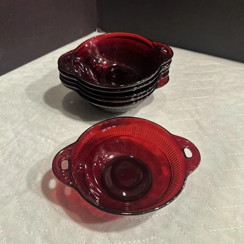 VINTAGE SET OF 6 Ruby RED ANCHOR HOCKING DESSERT Berry Bowls