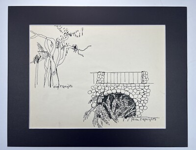Vtg Birds In Tree & Rock Bridge Over Jungle Drawing 11x14  Folk Art Ink Sketch