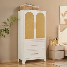 65" Armoire Wardrobe Closet with 2 Drawer Steel Rattan Clothing Storage Cabinet 