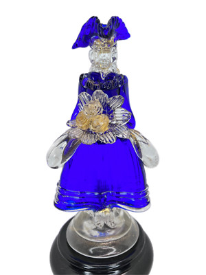 Goldoni Venetian Deep Blue Glass Female Figurine With Flowers