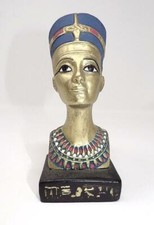 DYNASTIC EGYPTIAN MINIATURE BUST OF QUEEN NEFERTITI -5 7/8" -CAST PAINTED METAL