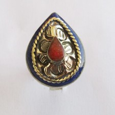 Tibetan Silver Coral Blue Lapis Handmade Boho Jewelry Adjustable Unisex Ring R31
