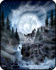 79x96 Queen Size Wolf Pack Night Wolves And Moon Mink Blanket Super Plush Fleece