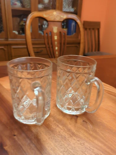 Vintage Paul Sebastian Tempered Crystal Glass Mugs 12oz Diamond Cut Lot of 2
