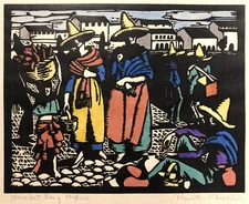 COLOR WOODCUT Listed Artist ~ CALIFORNIA MODERNISM ~ 1929 Signed MEXICAN MARKET