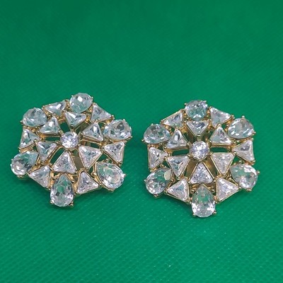 Vintage Cristian Dior Crystal Star Gold Tone Clear Stone Clip Textured  Earrings