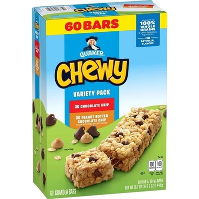 Quaker Chewy Granola Bar Variety Pack Choco Chip Peanut Butter 60 Count EXP 9/26