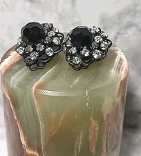 Estate Vintage Alice Caviness Earrings Black Glass Art Deco Rhinestones Mourning