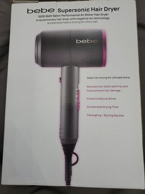 Bebe Supersonic Charged Negative Ions Fast Dry Time Hair Dryer NIB Black