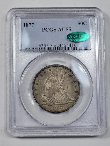 1877 P 50c Seated Liberty Half Dollar PCGS AU55 CAC Great Patina *M751
