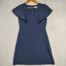 Loft Mini Dress Women's 2 Petite Navy Stretch Fringe Trim Flutter Sleeve Preppy