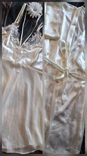 Vintage California Dynasty Babydoll Robe M Ivory Cream Satin Pearls Lace Bridal