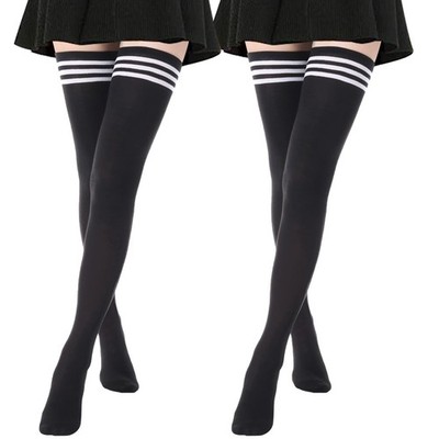DRESHOW 2 Pairs Extra Long High One Size, 2 Pairs: Black With Three Stripes 
