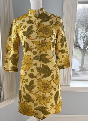 Vintage 60’s MOD SILK Tunic Mini Dress XS S 4 Mustard Yellow Floral High Neck, Size XS, $57