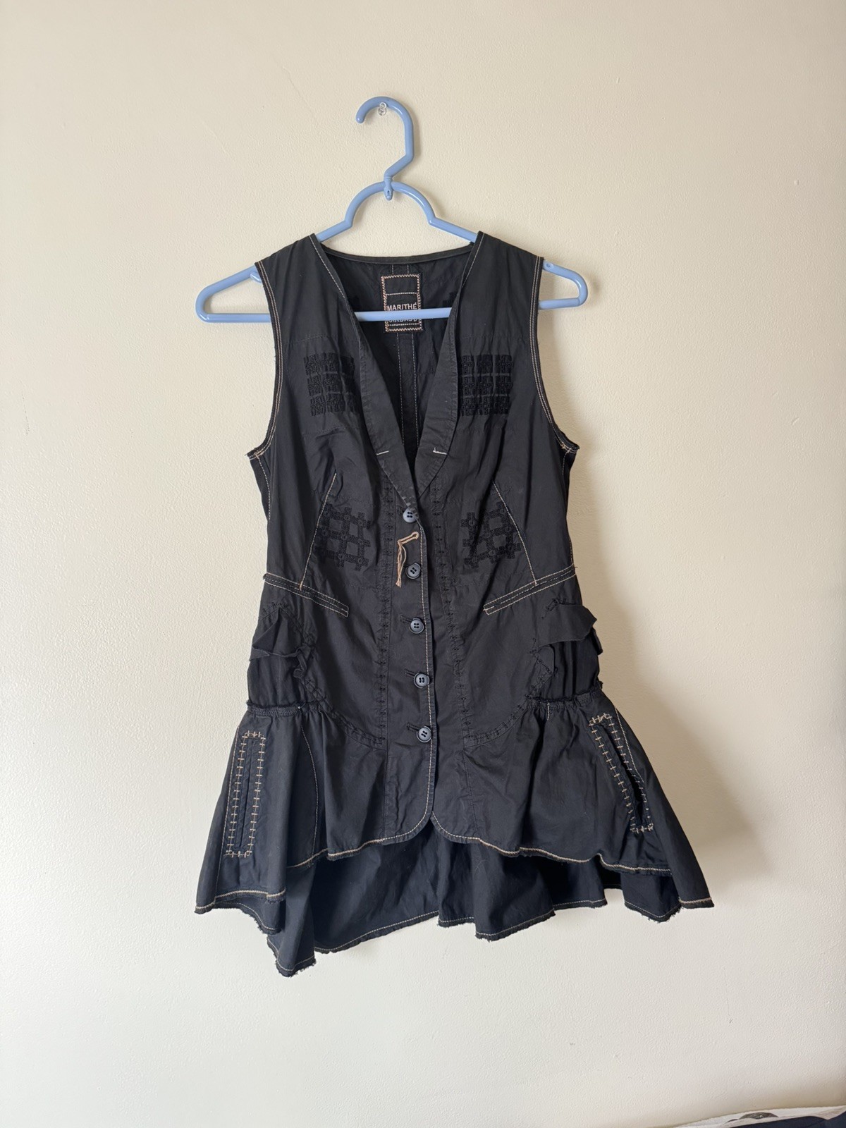 Marithe Francois Girbaud Black Sleeveless Collared Flare Midi Dress | Size M