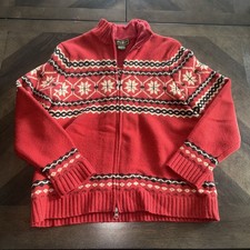 Eddie Bauer Fair Isle Sweater Womens Large Red Nordic Snowflake Lambswool Zip