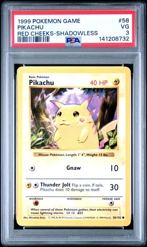 1999 POKEMON BASE SET SHADOWLESS RED CHEEKS-#58 PIKACHU PSA 3
