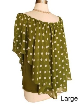 Womens L Blouse Green Polka Dot Sheer Overlay Layered Chic Cottagecore C est 194