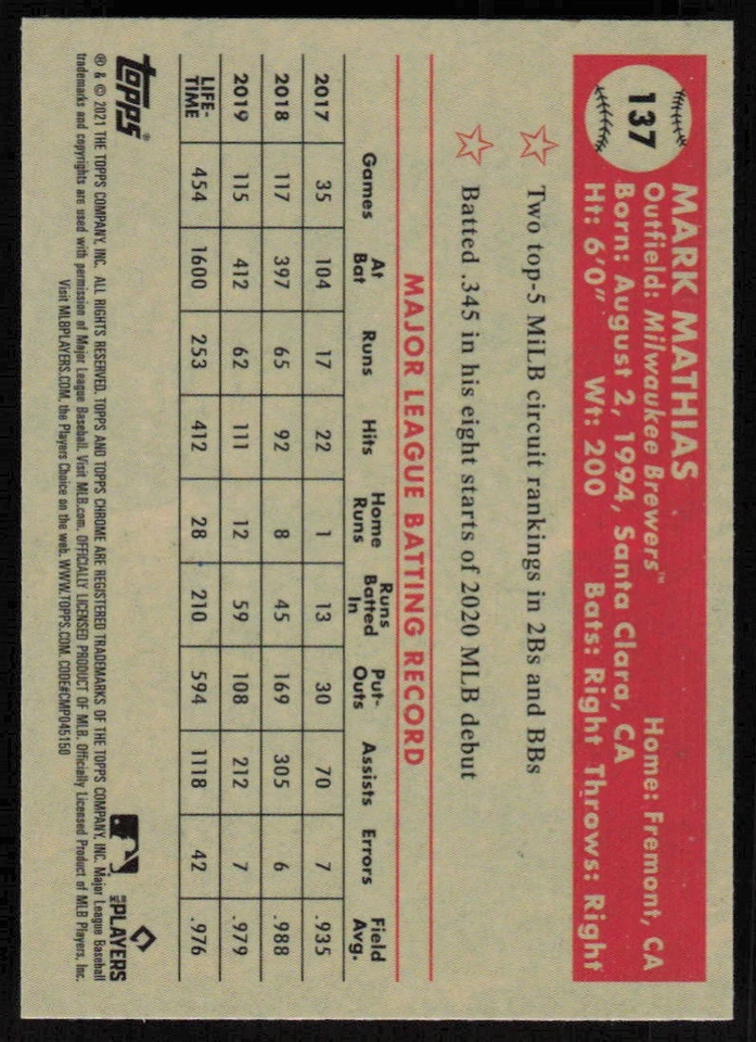 2021  Topps Chrome Platinum Anny PRISM #137 Mark Mathias RC - FREE SHIPPING - Image 2 of 2