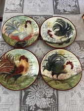 Certified International LE ROOSTER Dinner Plates SET OF FOUR SCENES